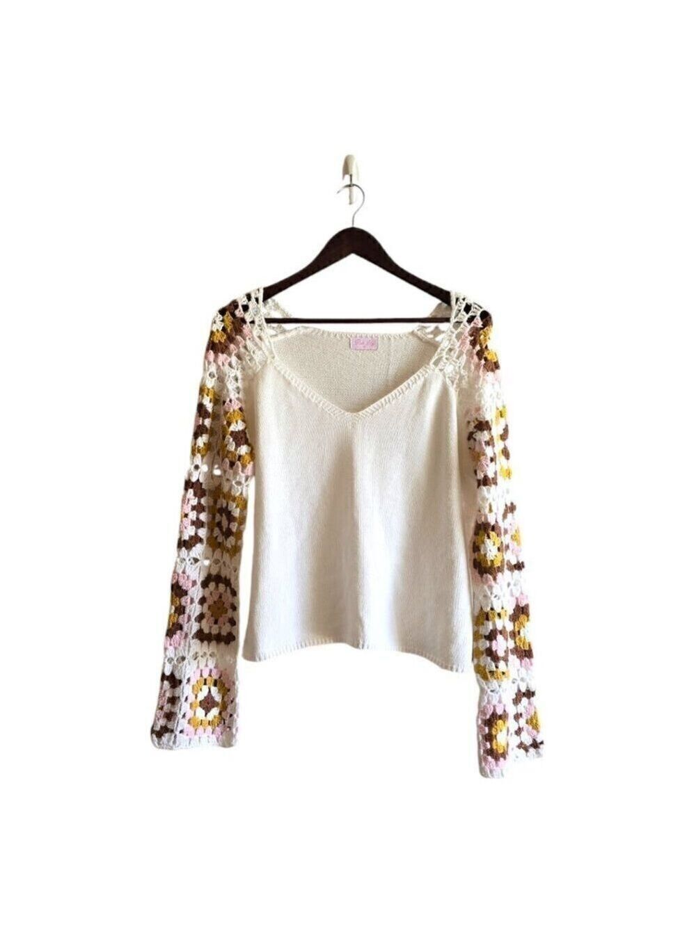 Pink Lily Crochet Sleeve V-Neck Sweater Sz M